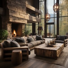 Obraz premium Rustic Charm with Log Furniture, Animal-Inspired Decor, and Warm Lighting