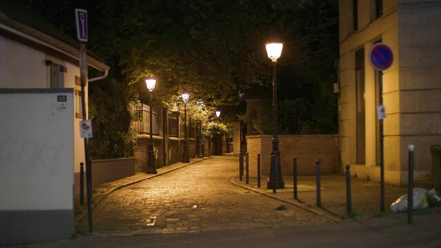 illuminated urban alley in Paris at night