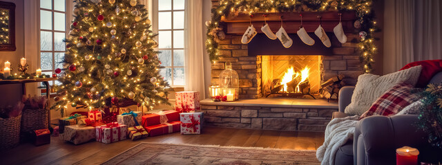 Christmas interior with decorated tree, gifts and fireplace, banner made with Generative AI