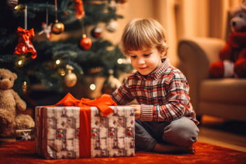 Fototapeta na wymiar Opening Christmas presents . Little girl sitting on the floor under a tree and opening gift. Generative AI
