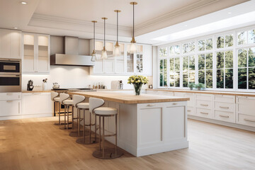 White luxury kitchen with bar and wooden floor. Modern minimalistic house kitchen interior design. Generative AI