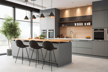 Gray kitchen with bar close up. Modern minimalistic house kitchen interior design. Generative AI