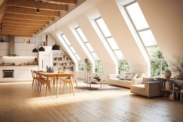 New modern scandinavian loft apartment. 3D rendering of beautiful bright interior of apartment. Generative AI
