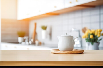 Fototapeta na wymiar Desk of free space and kitchen interior in blur. Kitchen counter top with minimalistic decoration. Generative AI