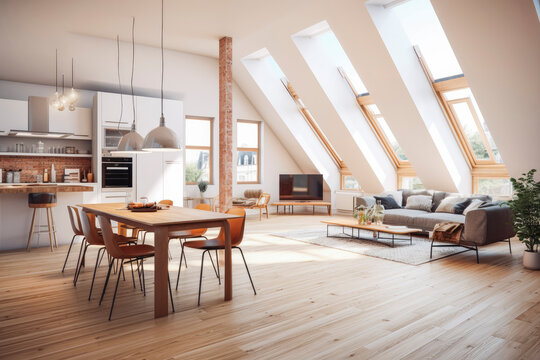 New modern scandinavian loft apartment. 3D rendering of beautiful bright interior of apartment. Generative AI