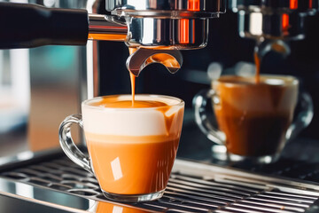 Espresso machine close up shot. Espresso pouring from coffee machine at cafe. Generative AI