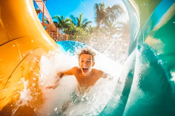 Tuinposter Excited man having fun on water slide in amusement park. Generative AI © VisualProduction