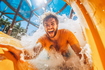 Excited man having fun on water slide in amusement park. Generative AI - obrazy, fototapety, plakaty
