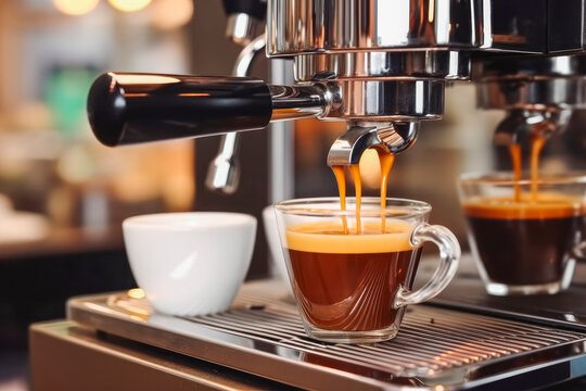 Espresso machine close up shot. Espresso pouring from coffee machine at cafe. Generative AI