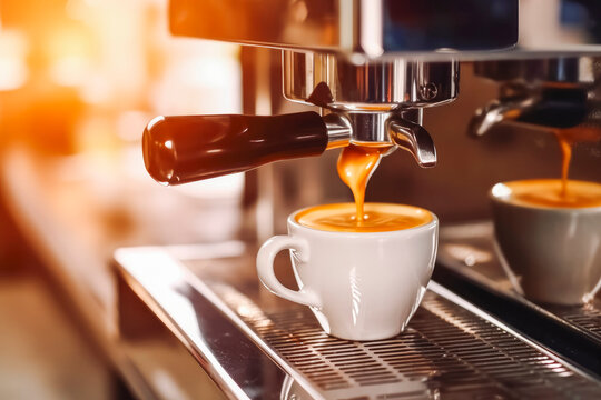 Espresso machine close up shot. Espresso pouring from coffee machine at cafe. Generative AI