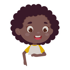 Cute little girl points his finger at the empty poster. Template for children design. Cartoon schoolgirl character. Vector illustration