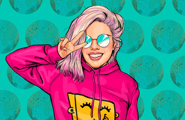 Portrait of pretty young smiling woman showing V sign dressed trendy in comic style. Beautiful girl showing two fingers near her face. - 621858475