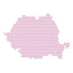 Map of the country of Romania with pink flower icons on a white background