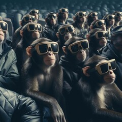 A crowd of monkeys wearing virtual reality glasses