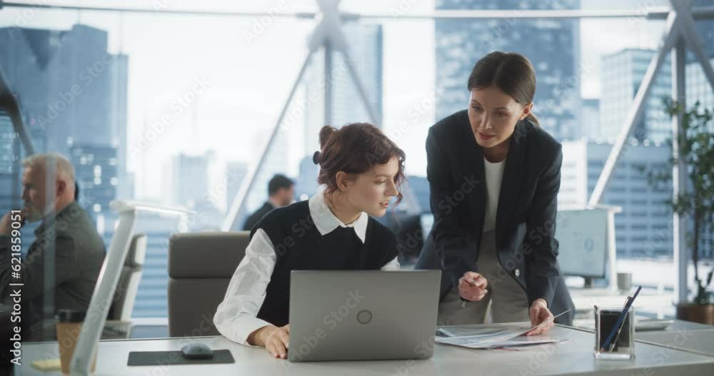 Aufkleber professional female lawyer and intern talking and working on laptop computer in skyscraper office in