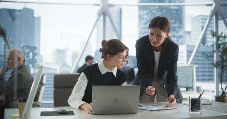 Professional Female Lawyer and Intern Talking And Working On Laptop Computer In Skyscraper Office In Downtown. Two Caucasian Women Studying New Case in Workspace Of Law Firm With Diverse Colleagues.
