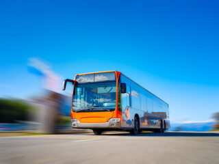 Picture of a bus in motion. City transport. Transportation for transporting people. Blurred...