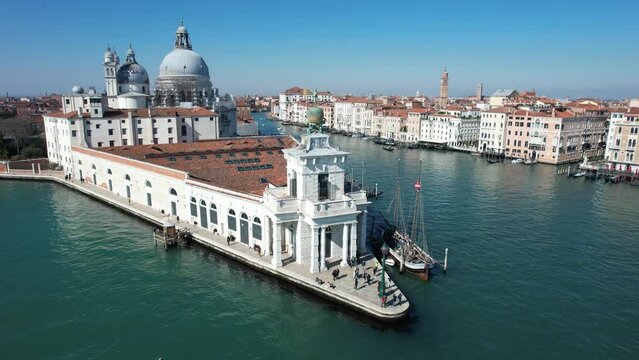 Aerial view of Dogana da Mar with the church of Santa Maria della Salute and the Grand Canal, Venice, Veneto, Italy, Europe