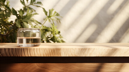 Serene Beauty Space: Sunlit Brown Wooden Counter Table with Texture Wallpaper, body care, treatment product display background 3D