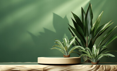Natural Beauty Showcase: Sunlit Wooden Podium with Leaf Shadows, beauty treatment product background 3D
