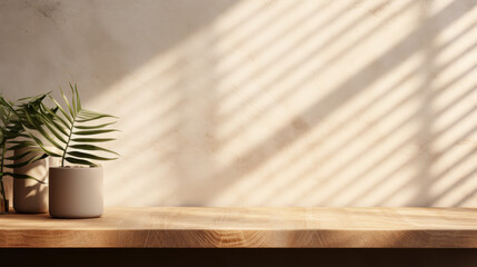 Luxury Beauty Display: Brown Wooden Counter Table in Sunlit Background