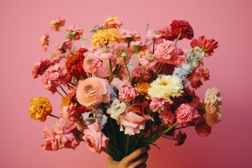 A Girl holding a bouquet of flowers against a pink background. AI