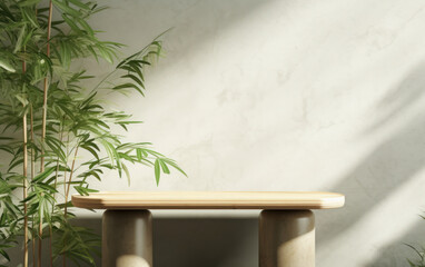 Serene Elegance: Minimal Wooden Pedestal Table with Green Bamboo Foliage for Luxury Organic Cosmetic Display, skincare, body care, beauty product background 3D