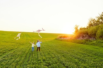 Smiling girl and brother boy standing and holding hands with flying colorful kites on the high grass meadow. Happy childhood moments