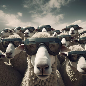 A herd of sheep wearing virtual reality glasses