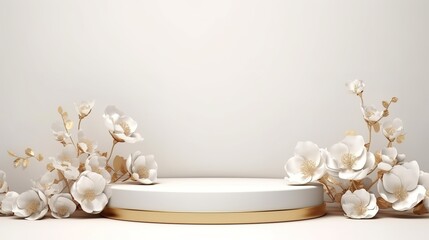 Abstract white and gold pedestal podium with white flowers, product display presentation background