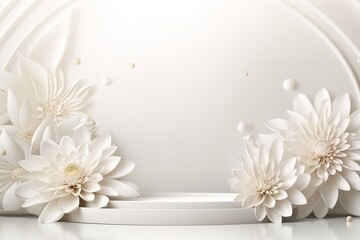 Abstract white pedestal podium with white flowers, product display presentation background