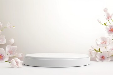 Abstract white pedestal podium with pink flowers, product display presentation background