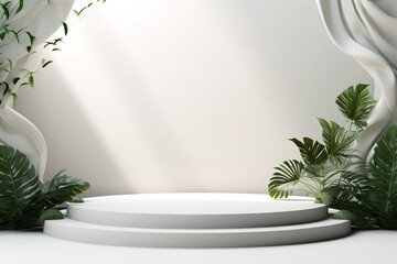 Abstract white pedestal podium with tropical leaves, product display presentation background