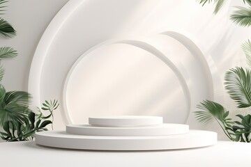 Abstract white pedestal podium with tropical leaves, product display presentation background