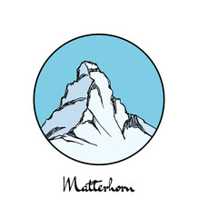 Vector emblem with hand drawn Alpine peak Matterhorn. Ink drawing, graphic style. Perfect for travel, sport or spiritual designs.