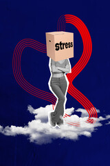 Vertical collage picture of headless surreal stressed package woman folded hands bad mood upset...
