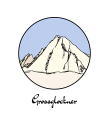 Vector emblem with hand drawn Alpine peak Grossglockner. Ink drawing, graphic style. Perfect for travel, sport or spiritual designs.