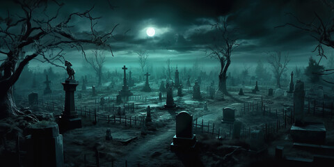 View of horror cemetery at night. Generative AI