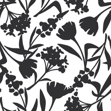 Seamless floral pattern with flowers. Vector black and white floral print