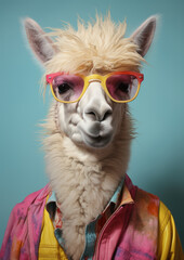 A Portrait of an Alpaca on a Blue Background-Generative AI