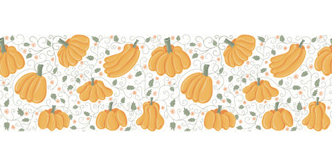 Vector horizontal seamless pattern with ripe pumpkins, twigs, leaves and flowers. Seasonal fall banner design for greeting or promotion. Thanksgiving and harvest concept.