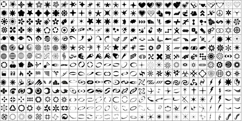 Retro futuristic elements for design. Big collection of abstract graphic geometric symbols and objects in y2k style. Templates for notes, posters, banners, stickers, business cards, logo.