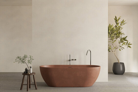 Modern bathroom interior design with bathtub , decor and plant , 3d rendering
