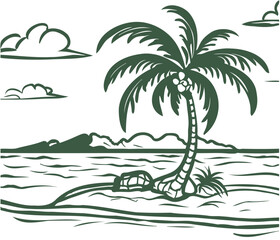 Fototapeta na wymiar Vector sketch illustration with a depiction of an island featuring palm trees amidst the expansive ocean