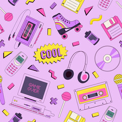 Retro style seamless pattern with 90s items elements. Nostalgia for 1990s. Pop art print. Old pc, roller, cassette, audio player, music, disk