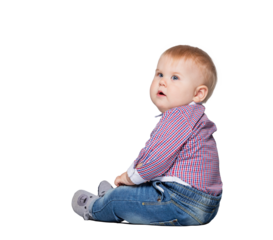 Toddler, a boy sitting and looking at copy space. Isolated on transparent white background