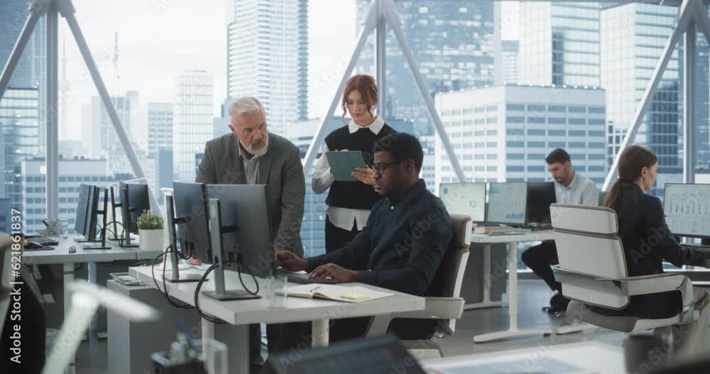 Poster Diverse Colleagues Talking In Front Of Desktop Computer In Corporate Office With Megapolis Window View. Black Male Developer Showing New Code To Caucasian CEO And His Female Assistant With Tablet.