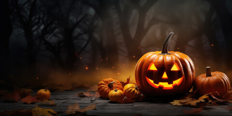 Spooky Halloween banner with a dark background and a Jack-o'-lantern, perfect for copy space. Generative AI.