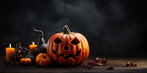 Spooky Halloween banner with a dark background and a Jack-o'-lantern, perfect for copy space. Generative AI.