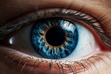 A close up of a person's blue eye. AI